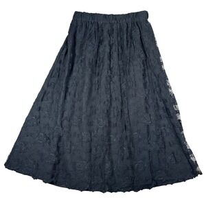 Black Floral Lace Midi Skirt Sheer Overlay Elastic Waist Gothic Grunge Witch